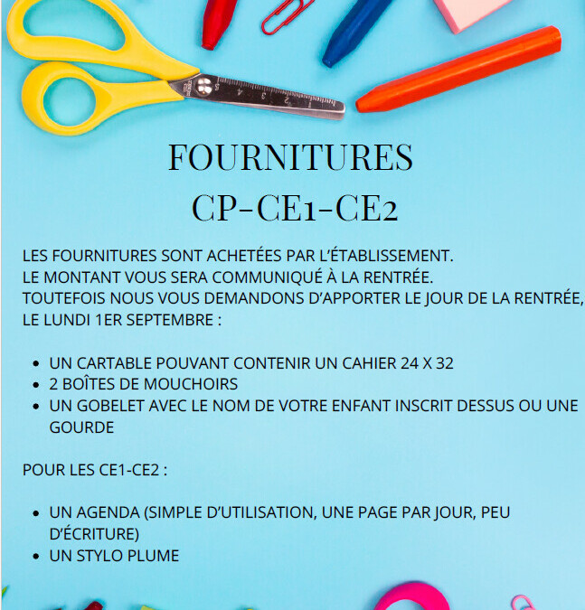 Fournitures CP-CE1-CE2 rentrée 2025