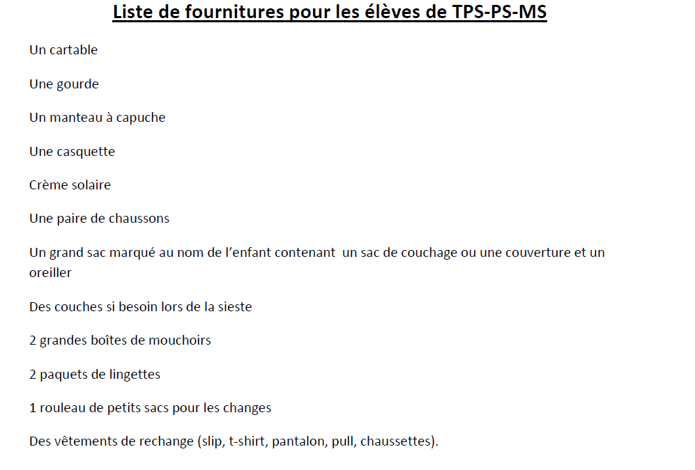 Fournitures TPS-PS-MS